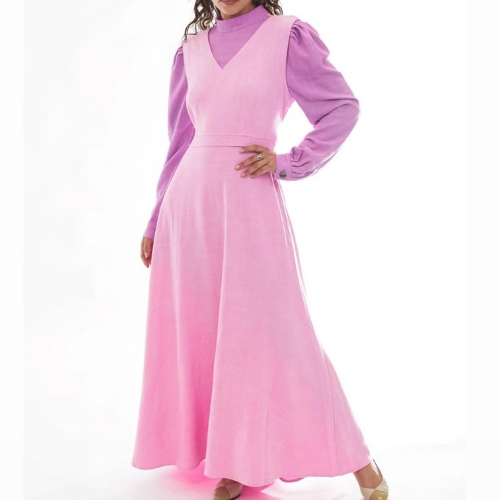 Fashion Brand Company Pink Purple Long Sleeve Maid Marian Linen Maci Dress Gown